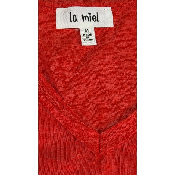 la Miel T-Shirt Red V-Neck Raw Hem Short Sleeve New - Picture 3 of 9